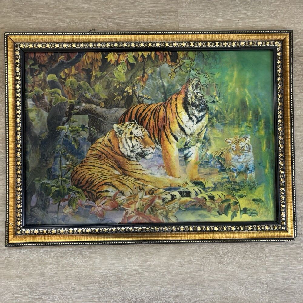 VTG 3D Lenticular Tiger Family Hologram Picture Framed Gold Ornate AS IS Frame